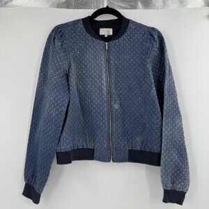 1.State Womens Quilted Bomber Jacket M Blue Cotton/Polyester Blend Ribbed Trim Z